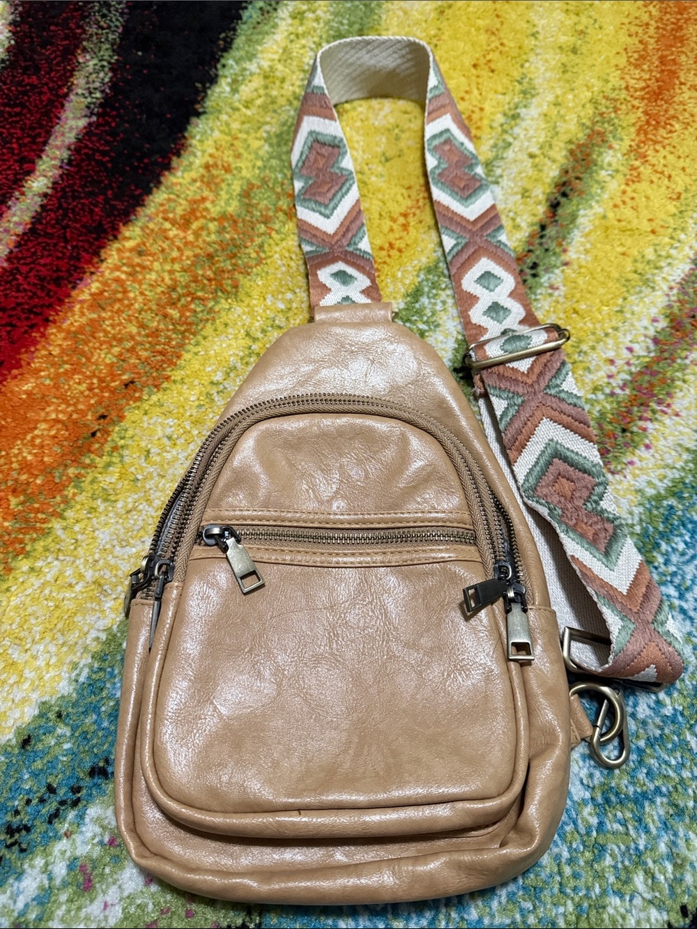 Tan Crossbody Sling Bag with Patterned Adjustable Strap